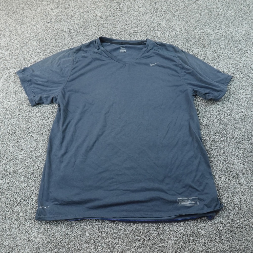 Nike Shirt Mens 2XL Blue V Neck Tailwind Dri FIT Running Performance T-shirt Tee